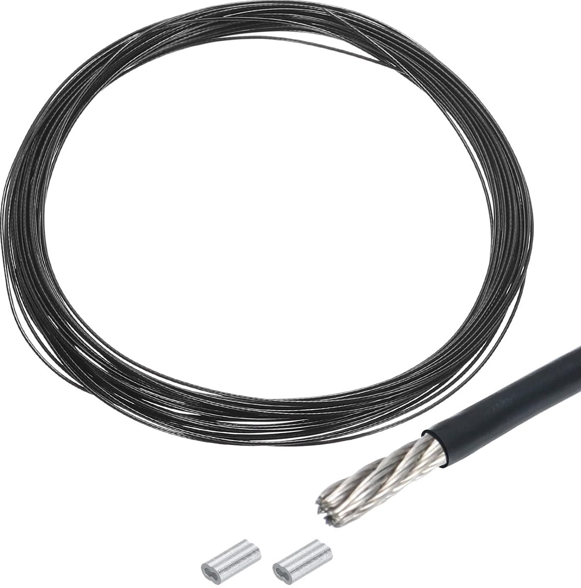 Staalkabel 10 m x 1 mm - roestvrij staal 304 - met spanslot en 2 aluminium hulzen - ideaal voor ophangen van wasrekken - ShopVlot