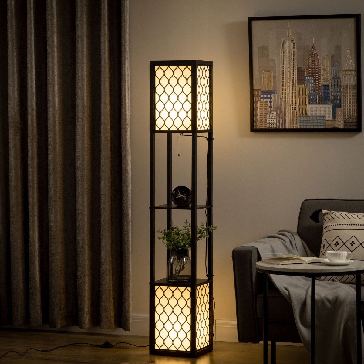 Staande Lamp Met Plank – Dubbele Verlichting – 26 x 26 x 156 cm – MDF En Stof – Zwart – Woonkamer En Slaapkamer – Met Trekschakelaar