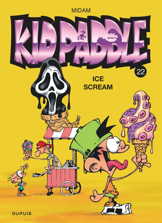 Bande dessinée Kid Paddle 22, Ice Scream. Un garçon à casquette verte tient une glace tentacule sur fond jaune.