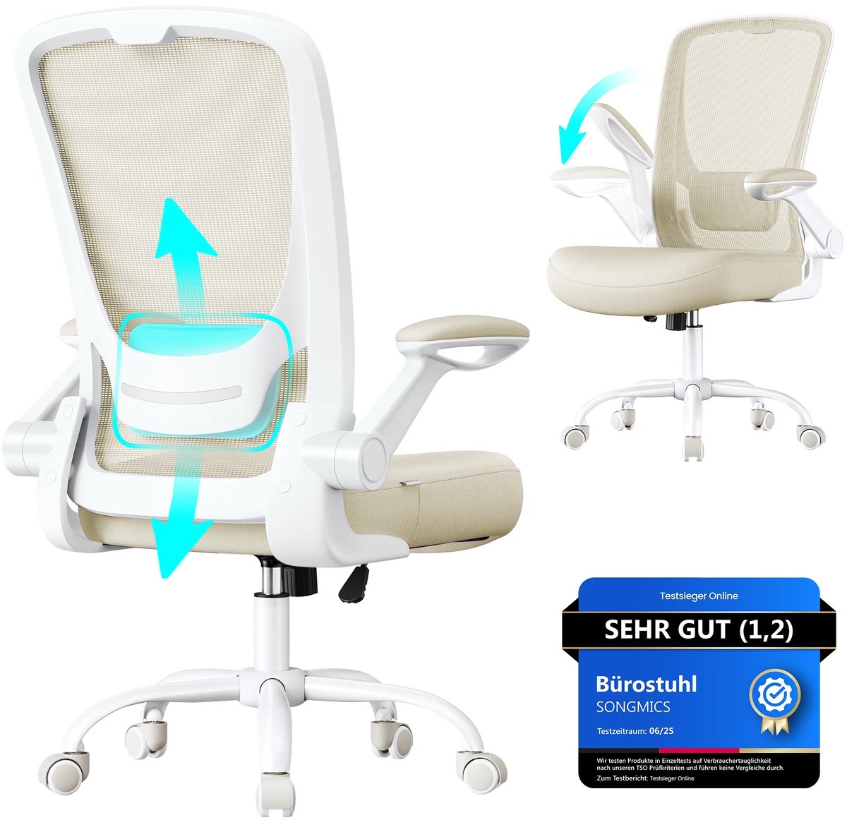 Prime Home Bureaustoel - Bureaustoel voor volwassenen - Bureaustoel gaming - Bureaustoel met armleuning - Ergonomische computerstoel - Computerstoel - Opklapbare armleuningen - Mesh hoes - Draagvermogen 120kg - Beige