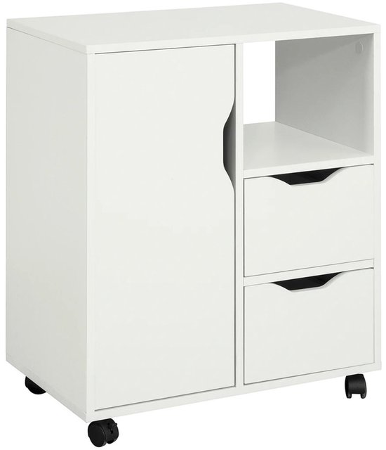 Witte kast op wielen met een deur aan de linkerkant en drie lades en een open vak aan de rechterkant.