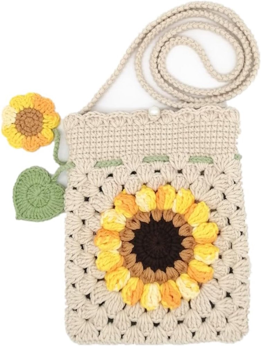 Handmade Crochet Cell Phone Bag with Sunflower Blossom Knitted Bag for Women 3 Colors - ShopVlot