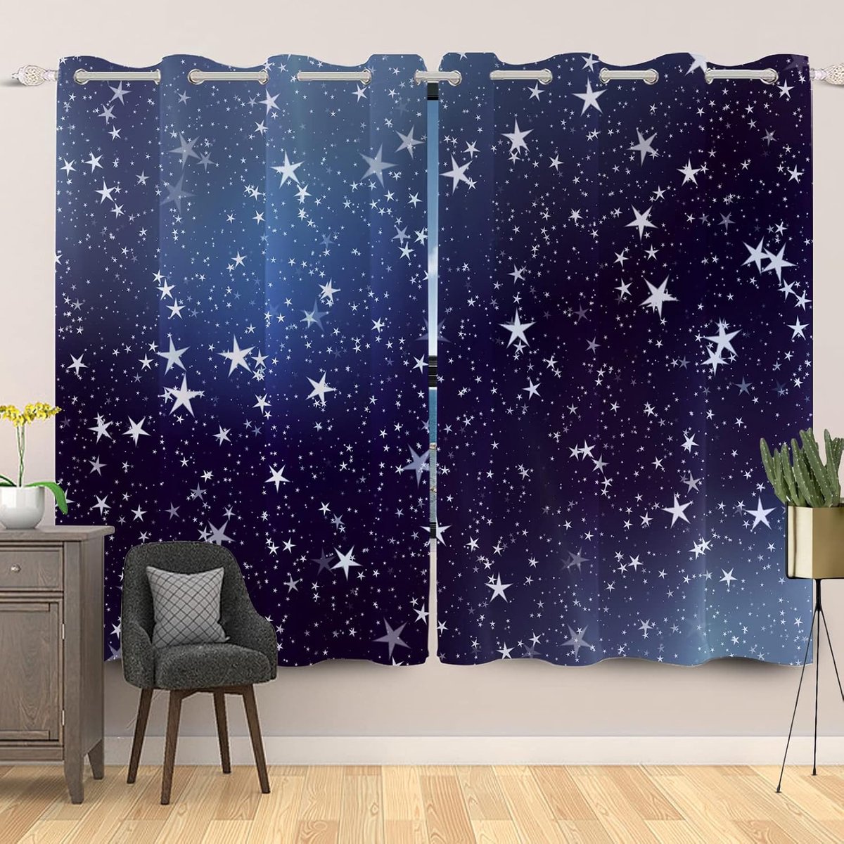 42x63 Inch Eyelet Curtain for Kids Bedroom Shiny Star Blue Sky Pentacle Abstract Art Print Thermal Grommet Room - ShopVlot