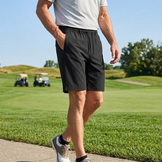 Zwarte golfbroek heren zomerbroek casual pakbroek elastische taille met trekkoord ritszakken lichtgewicht ademend hoog elastisch comfort short maat XXL — afbeelding 4