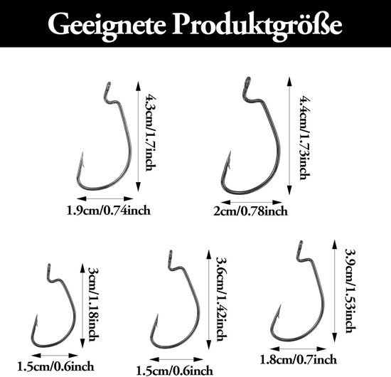 Set van 55 Vis haken, Offset Worm Jig Haken in 5 Groottes — afbeelding 4