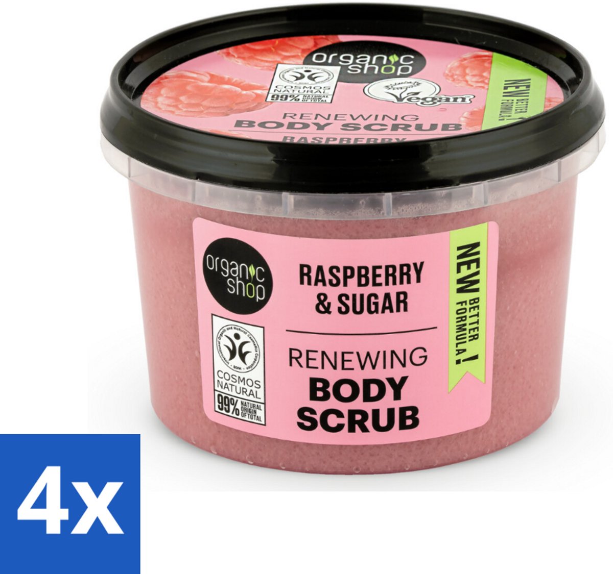 4 x Organic Shop - Organic Raspberry & Sugar Body Scrub - Verfrissend en Peeling - 250 ml - Organische Scrub - Frambozen Scrub - Lichaamspeeling - Natuurlijke Peeling - Gezichtspeeling