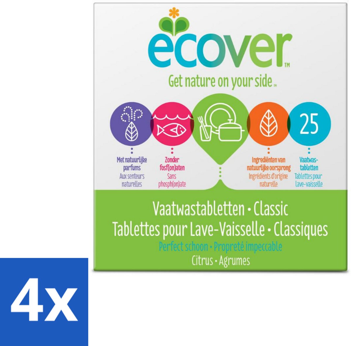 4 x Ecover - Vaatwastabletten Classic - 25 Tabs - Vaatwastabletten - Biologisch Afbreekbaar - Plantaardige Reiniging - Fosfaatvrij - Milieuvriendelijk