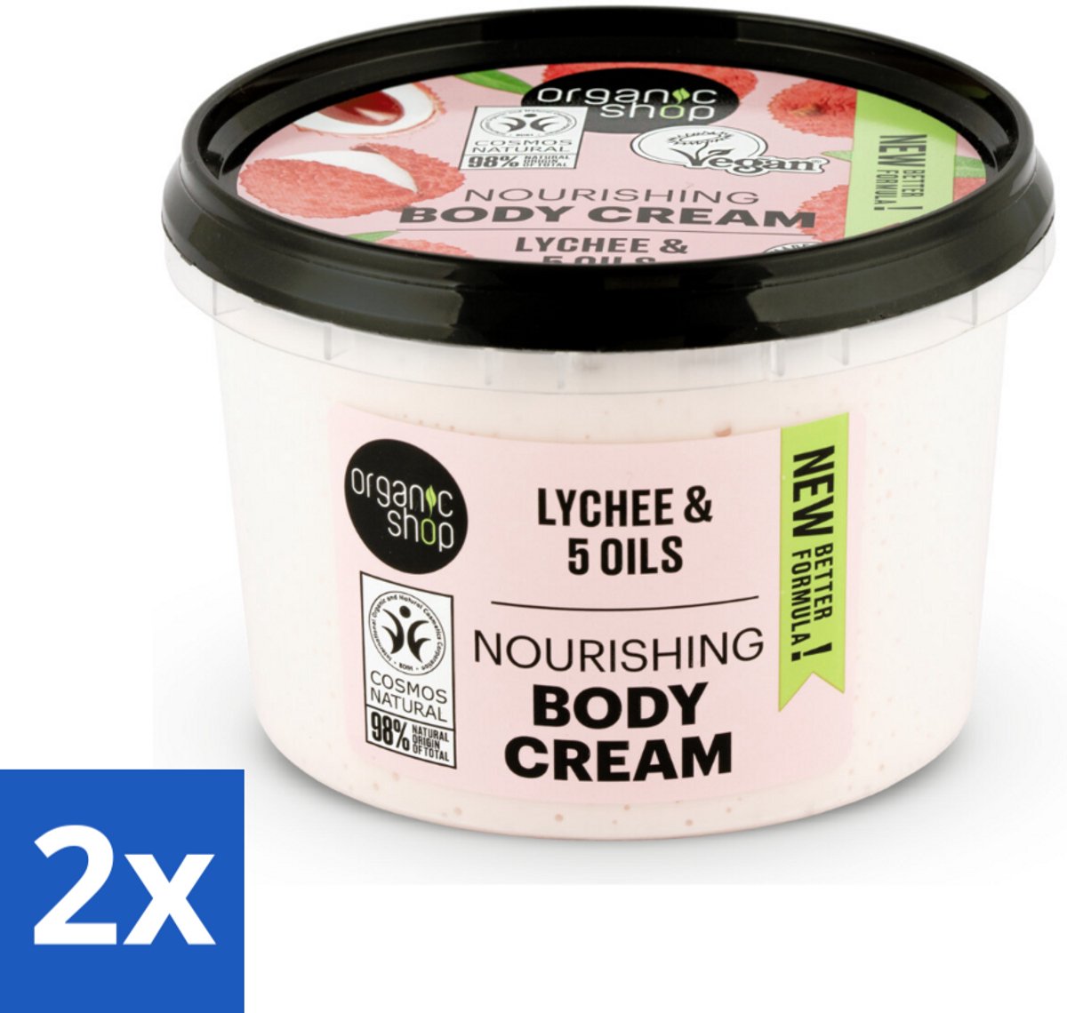 2 x Organic Shop - Nourishing Body Cream Lychee - Hydraterend en Voedend - 250 ml - Organische Bodycrème - Voedende Bodycrème - Lychee Bodycrème - Hydraterende Bodycrème - Natuurlijke Bodycrème