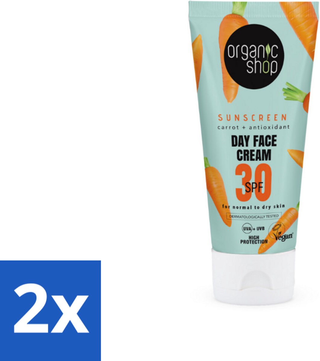 2 x Organic Shop - Zonnebrandcrème Gezicht SPF 30 - Normale Huid - 50 ml - Zonnebrandcrème - Gezichtscrème - SPF 30 - Normale Huid - Droge Huid