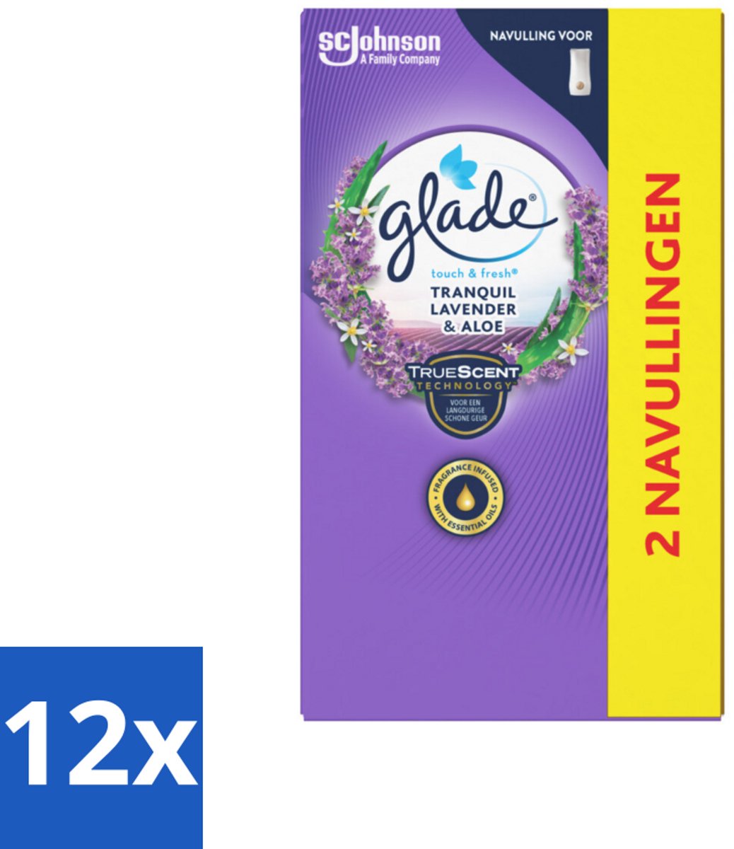 12 x Glade - Touch & Fresh Navulling - Tranquil Lavender & Aloë - 2 × 10 ml - Geur - Lavendel - Aloë Vera - Aromatherapie - Huisgeur