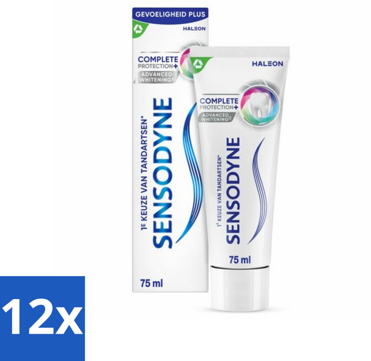 12 x Sensodyne - Tandpasta - Complete Protection + Advanced Whitening - Witte Tanden - 75 ml - Tandpasta Voor Gevoelige Tanden - Tandpasta Met Whitening - Gevoelige Tanden - Tandglazuur Versterken - Cariës Bescherming