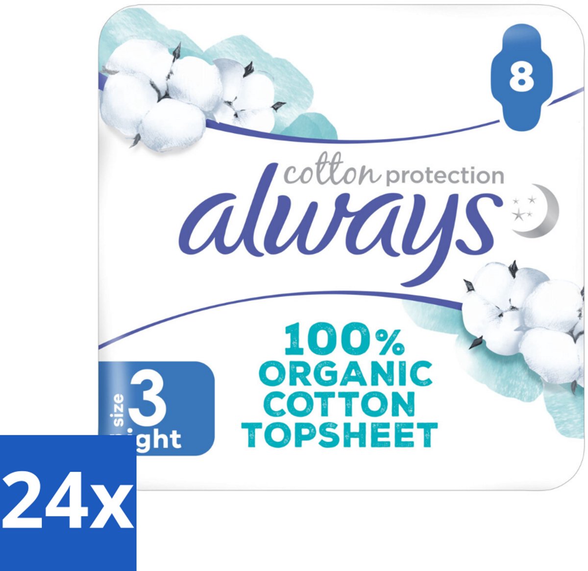 24 x Always - Maandverband - Night - Cotton Protection - Met Vleugels - 8 Maandverband - Nachtverband - Maandverband - Biologisch Katoen - Gevoelige Huid - Absorberend