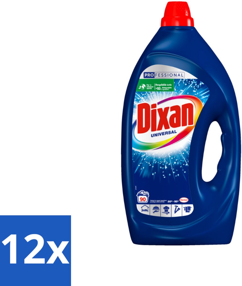 12 x Dixan - Vloeibaar wasmiddel - Alle Kleuren - 90 wasbeurten - Wasgel - Vloeibaar Wasmiddel - Dixan - Waskracht - Vlekken Verwijderen