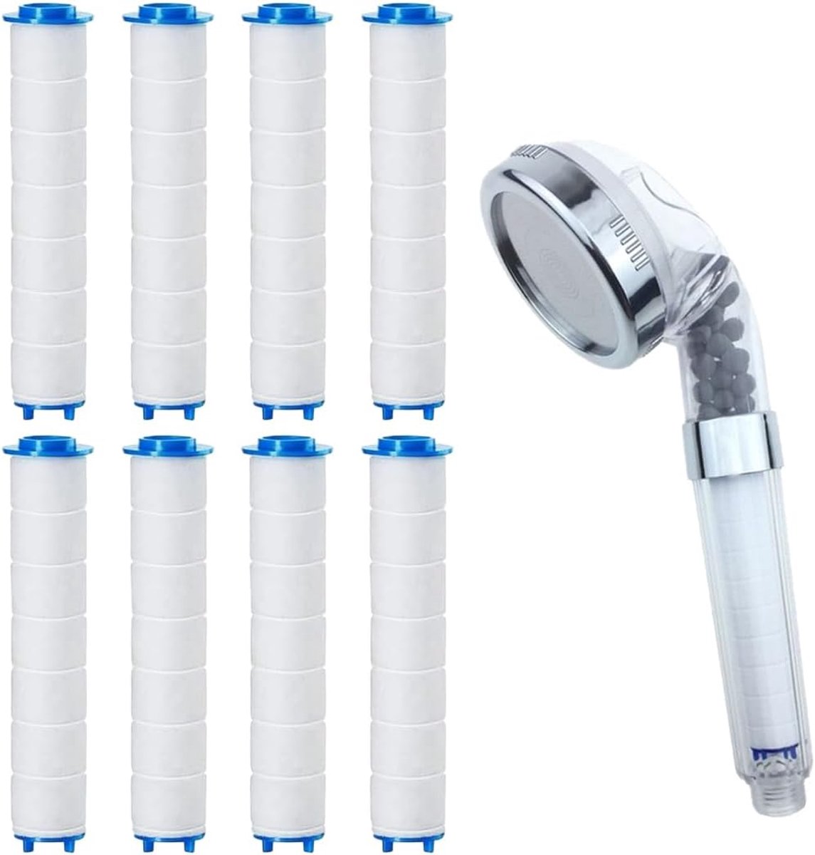 Douchefilter 8-delig - 9,5 x 2 cm - Negatieve ionen - Verwijdert chloor en fluoride, beschermt huid en haar - ShopVlot