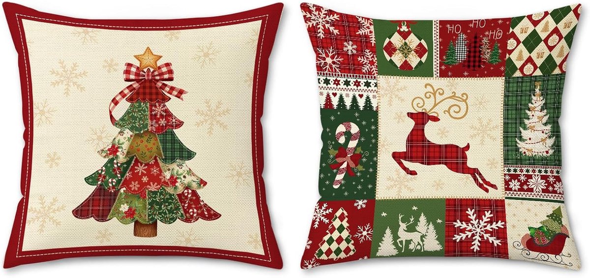 Kussenhoezen 45x45cm - set van 2 - polyester - vintage kerstontwerp - voeg boerderijcharme toe - ShopVlot