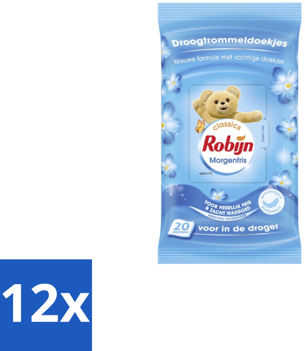 12 x Robijn - Morgenfris - Droogtrommeldoekjes - 20 Doekjes - Droogtrommeldoekjes - Wasdroger - Frisse Geur - Zachte Kleding - Kreukvrij