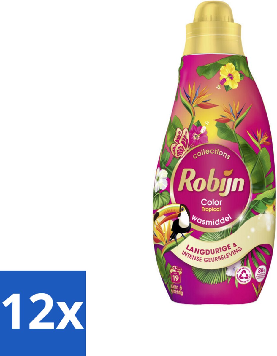 12 x Robijn - Klein & Krachtig Color Tropical - Wasmiddel - 19 Wasbeurten - 665 ml - Wasmiddel - Kleurwas - Tropische Geur - Wasverzachter - Biologisch Afbreekbaar
