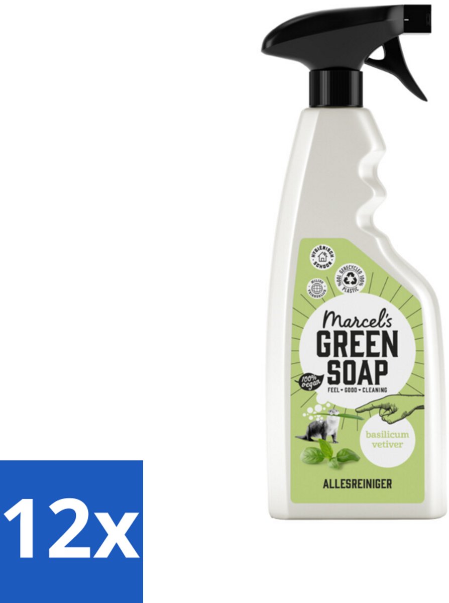 12 x Marcel's Green Soap - Allesreiniger Spray - Basilicum & Vetiver gras - Natuurlijk & effectief - 500 ml - Allesreiniger - Schoonmaakspray - Milieuvriendelijk - Biologisch Afbreekbaar - Vegan
