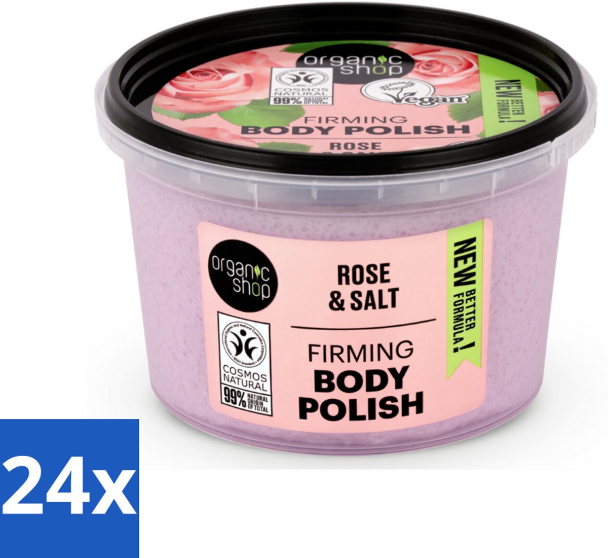 24 x Organic Shop - Body Scrub Rose - Hydraterend en Verzorgend - 250 ml - Lichaams Scrub - Peeling - Organische Amandelolie - Biologische Ingrediënten - Hydraterende Body Scrub
