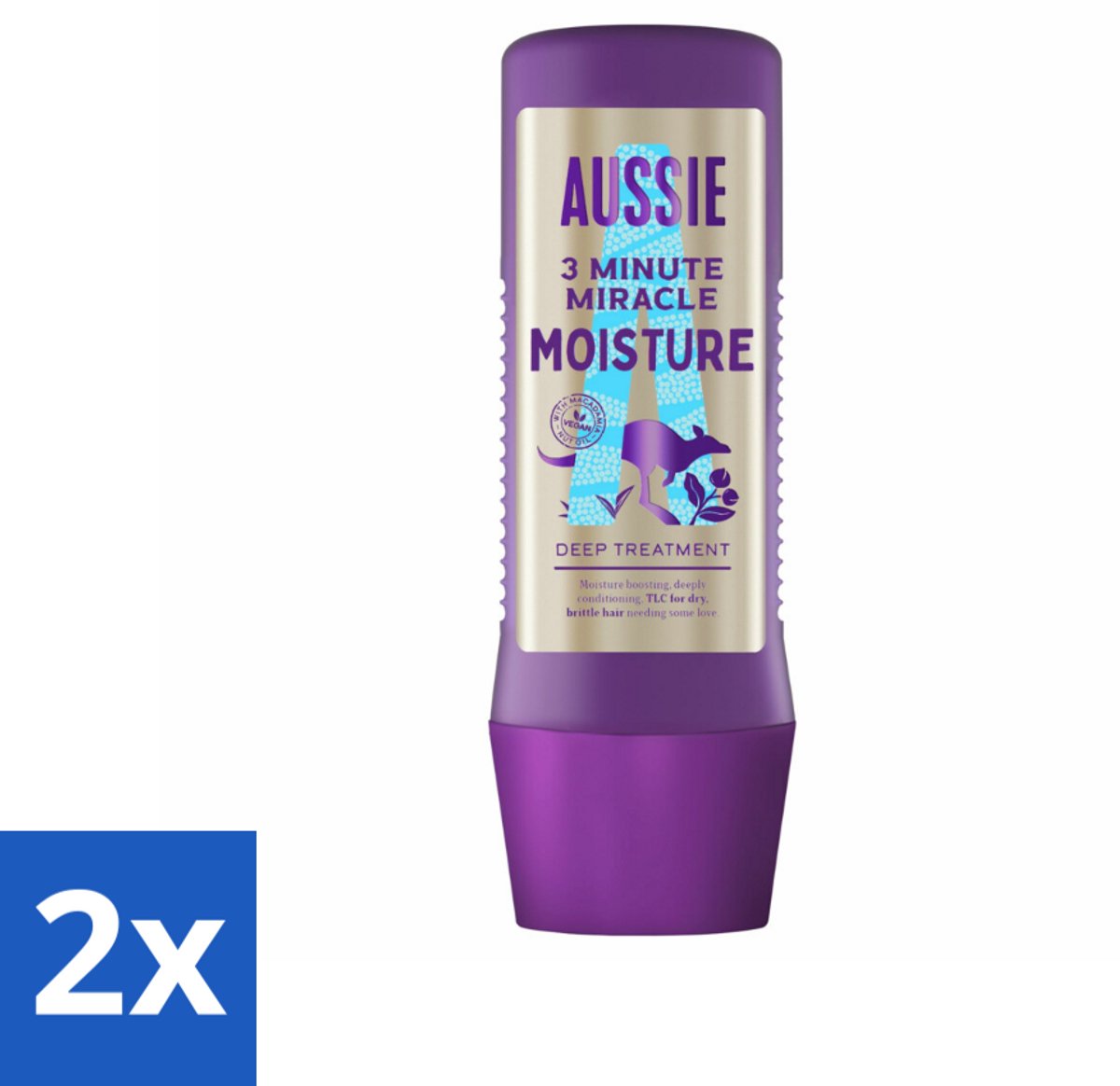 2 x Aussie - Haarmasker - 3 Minute Miracle Moisture - Intensief - Vegan Verzorging - 225 ml - Haar Masker - Haarmasker - Hydratatie Haar - Droog Haar - Breekbaar Haar
