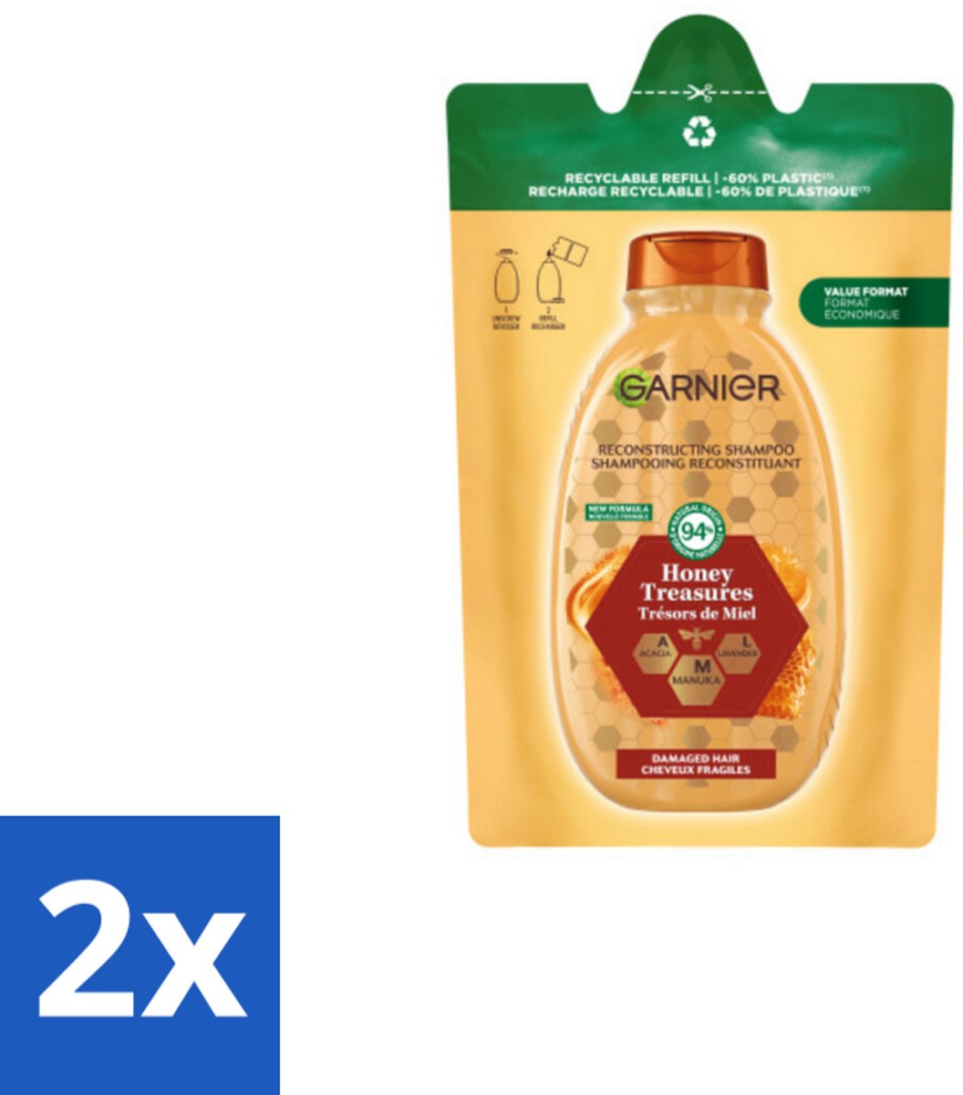 2 x Garnier - Loving Blends - Shampoo Refill - Honing Goud - Beschadigd & Breekbaar Haar - 250 ml - Herstellende Shampoo - Shampoo Voor Beschadigd Haar - Shampoo Voor Breekbaar Haar - Honing Shampoo - Duurzame Shampoo