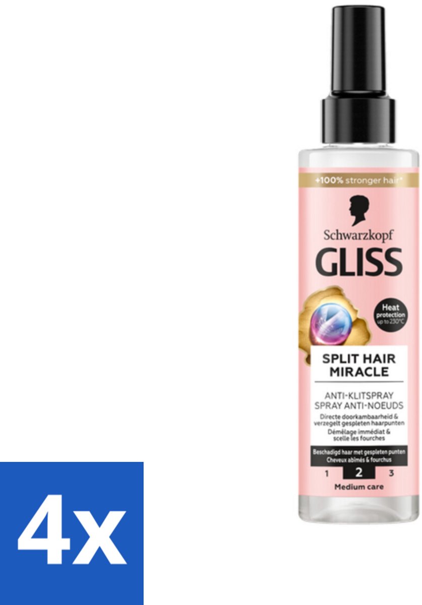 4 x Gliss - Split End Anti-Klit Spray - Tegen Gespleten Haarpunten - 200 ml - Haarspray - Gespleten Haarpunten - Haarherstel - Beschadigd Haar - Anti-klit Spray