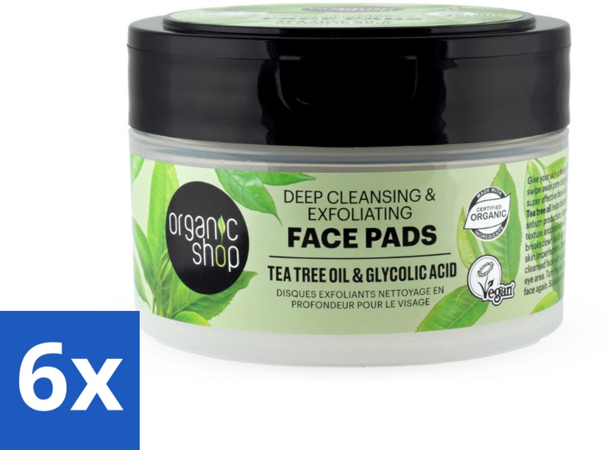 6 x Organic Shop - Face Pads Deep Cleansing - Verfrissend en Reinigen - 20 Pads - Gezichtsreiniging - Tea Tree Olie - Glycolzuur - Diepe Reiniging - Poriën Verstopt