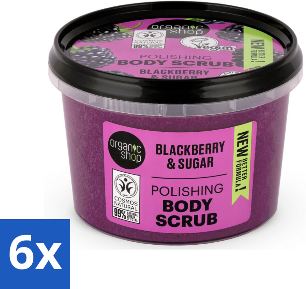6 x Organic Shop - Body Scrub Blackberry - Verfrissend en Hydraterend - 250 ml - Lichaams Scrub - Scrub - Braam - Organische - Natuurlijke