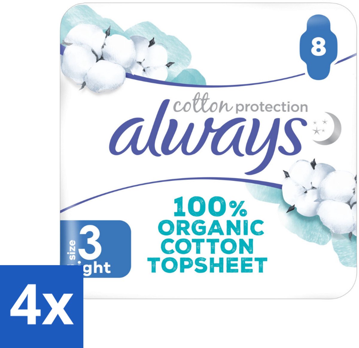 4 x Always - Maandverband - Night - Cotton Protection - Met Vleugels - 8 Maandverband - Nachtverband - Maandverband - Biologisch Katoen - Gevoelige Huid - Absorberend