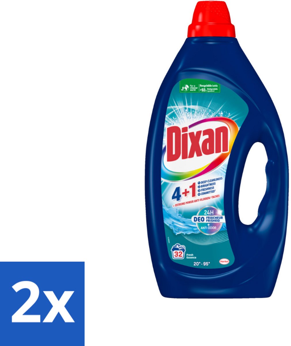 2 x Dixan - Vloeibaar wasmiddel - Fresh Blue - 32 wasbeurten - Dixan - Wasmiddel - Vloeibaar Wasmiddel - Frisse Geur - Vlekken Verwijderen