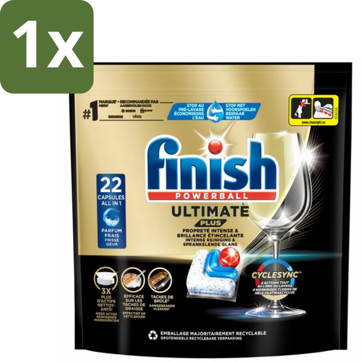 1 x Finish - Vaatwasmiddel - Ultimate Plus Vaatwastabletten Regular - Krachtige Alles-in-1 Reiniging - 22 capsules - Vaatwasmiddel - Vaatwastablet - Vaatwasmachine - Reinigingsmiddel - Glans