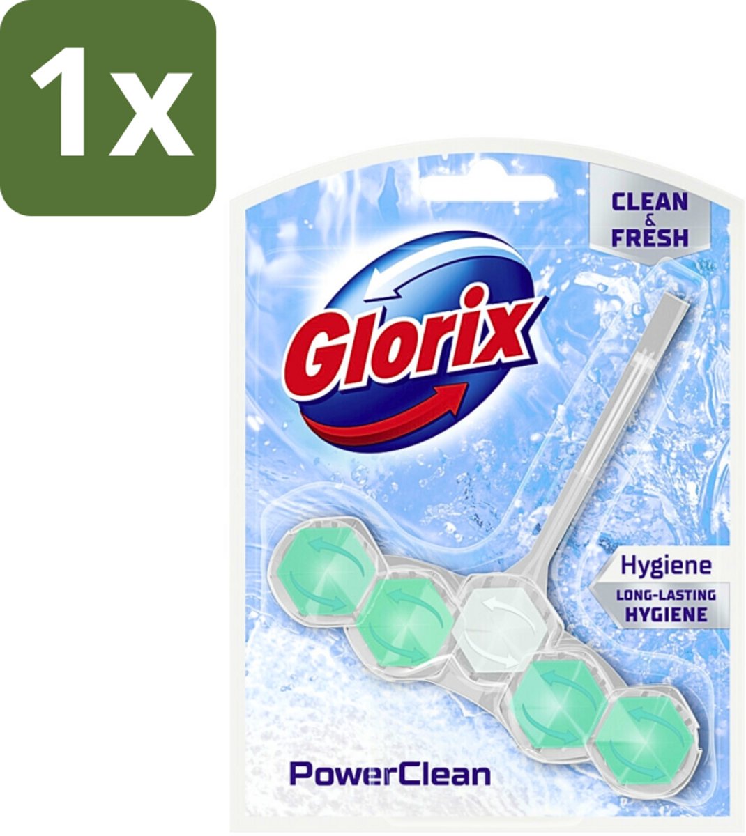 1 x Glorix - Toiletblok - Power Clean Hygiëne - Extra Hygiëne - 1 blok - Toiletblok - Hygiëne - Reiniging - Kalkaanslag - Schuim