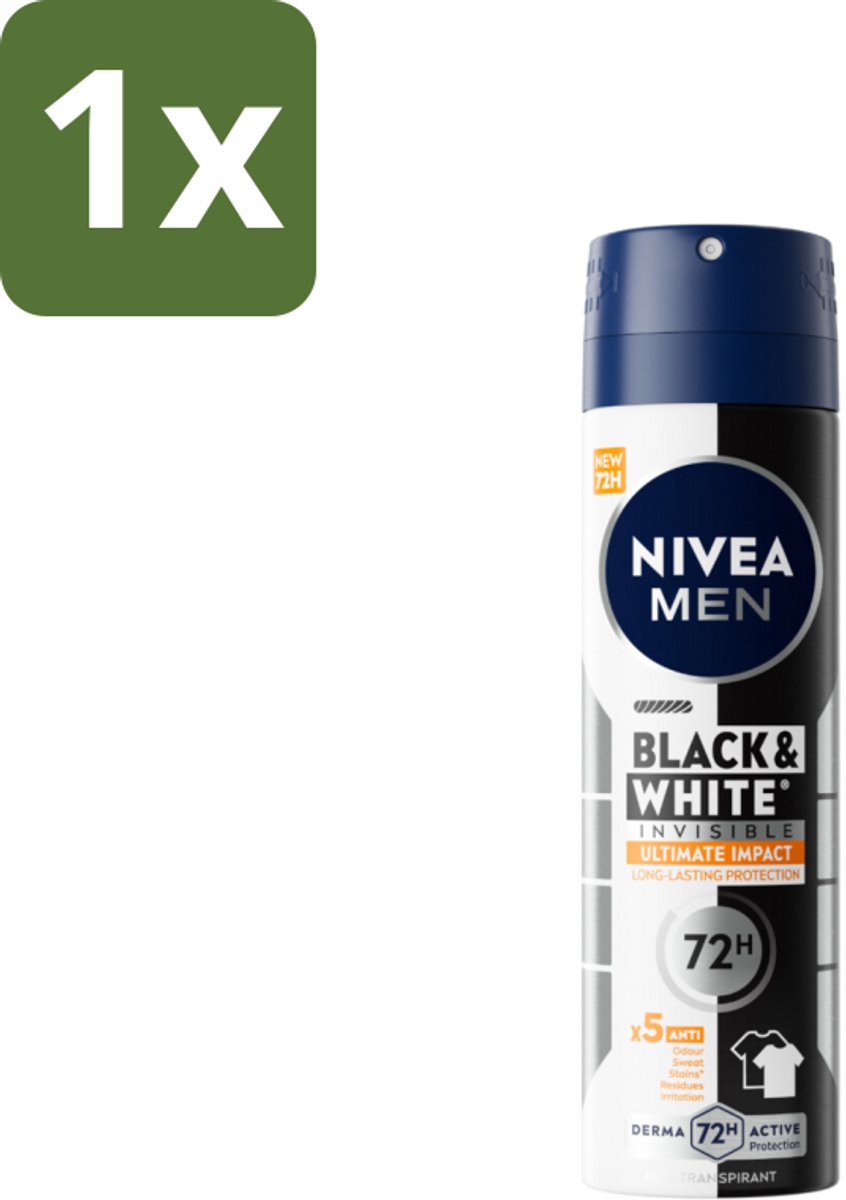1 x NIVEA MEN - Deodorant Spray - Black & White Ultimate Impact - 150 ml - Anti-transpirant Spray - Anti-vlekken - Zweetbescherming - Kledingbescherming - Deodorant Spray