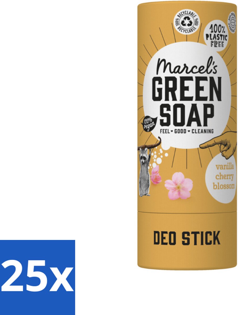 25 x Marcel's Green Soap - Deodorant Stick - Vanille & Kersenbloesem - Langdurige frisheid - 40 gr - Deodorant Stick - Vanille & Kersenbloesem - Duurzame Deodorant - Vegan Deodorant - Biologische Deodorant