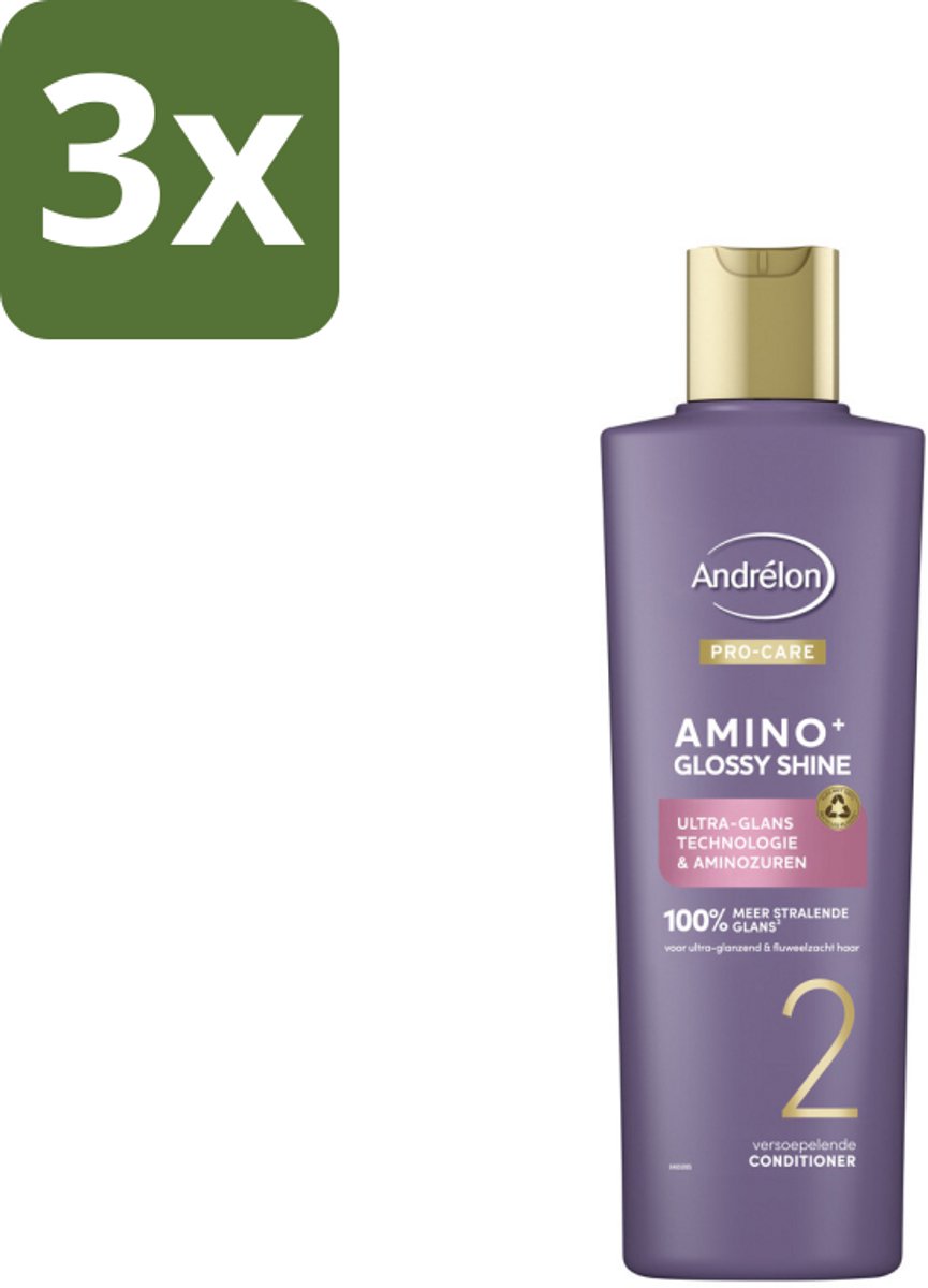 3 x Andrélon – Conditioner – Pro Care Amino+ Glossy Shine – 250 ml - Haar Glans - Aminozuren - Glossy Shine - Haar Verzorging - Haar Transformeren