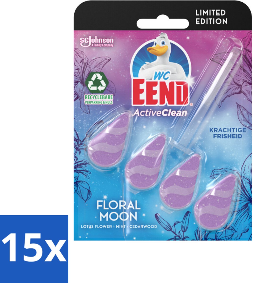 15 x WC Eend - Active Clean Floral Moon - Toiletblok - Lotus, Munt & Cederhout Geur - 38 gr - Toiletblok - Actieve Reiniging - Geur Toilet - Floral Moon - Lotus Munt Cederhout