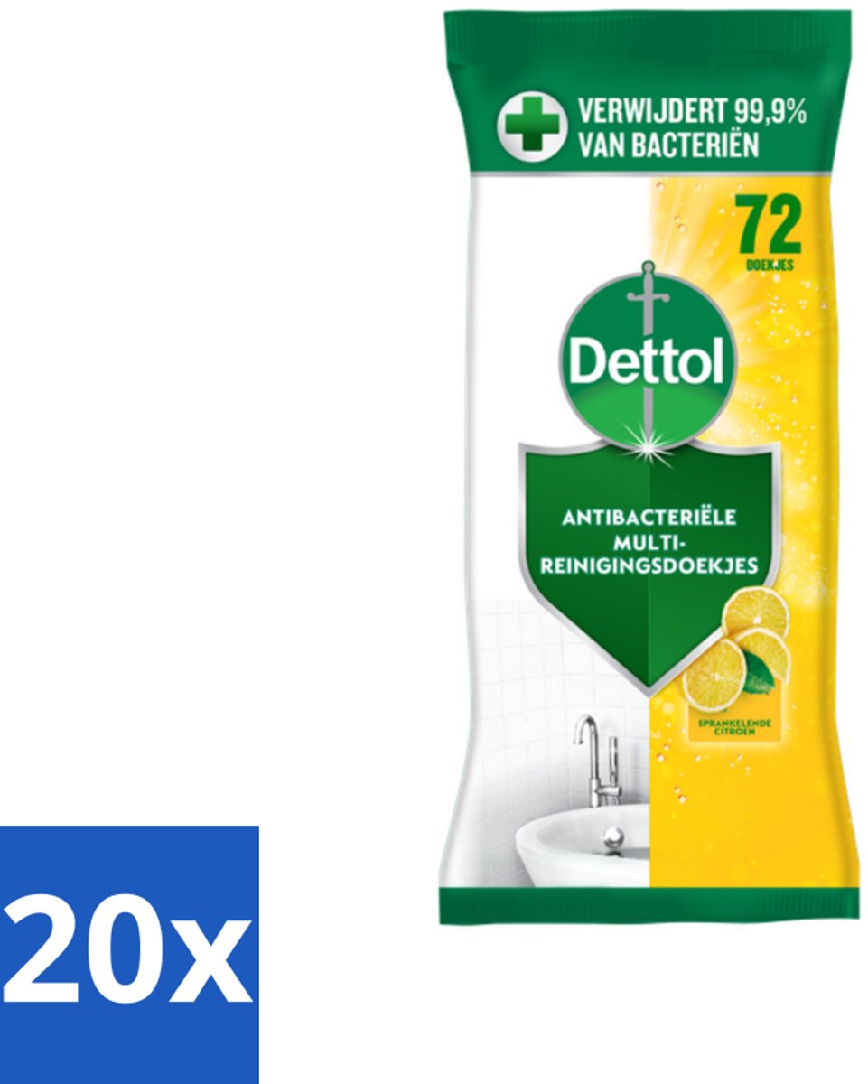 20 x Dettol - Reinigingsdoekjes - Sprankelende Citroen - 99,9% Bacterieverwijdering - 72 Doekjes - Reinigingsdoekjes - Hygiëne - Bacterieverwijdering - Citroengeur - Schone Omgeving