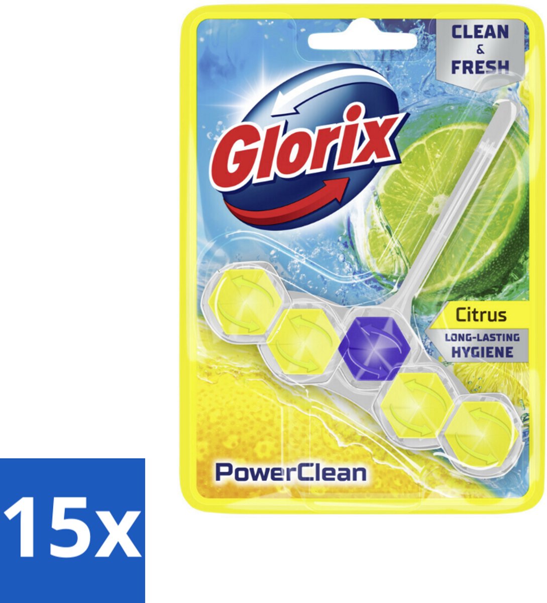 15 x Glorix - Toiletblok - Power Clean Citroen - Fris & Citroen - 1 blok - Toiletblok Citroen - Reinigend Schuim - Anti-kalk - Hygiëne Toilet - Citroengeur