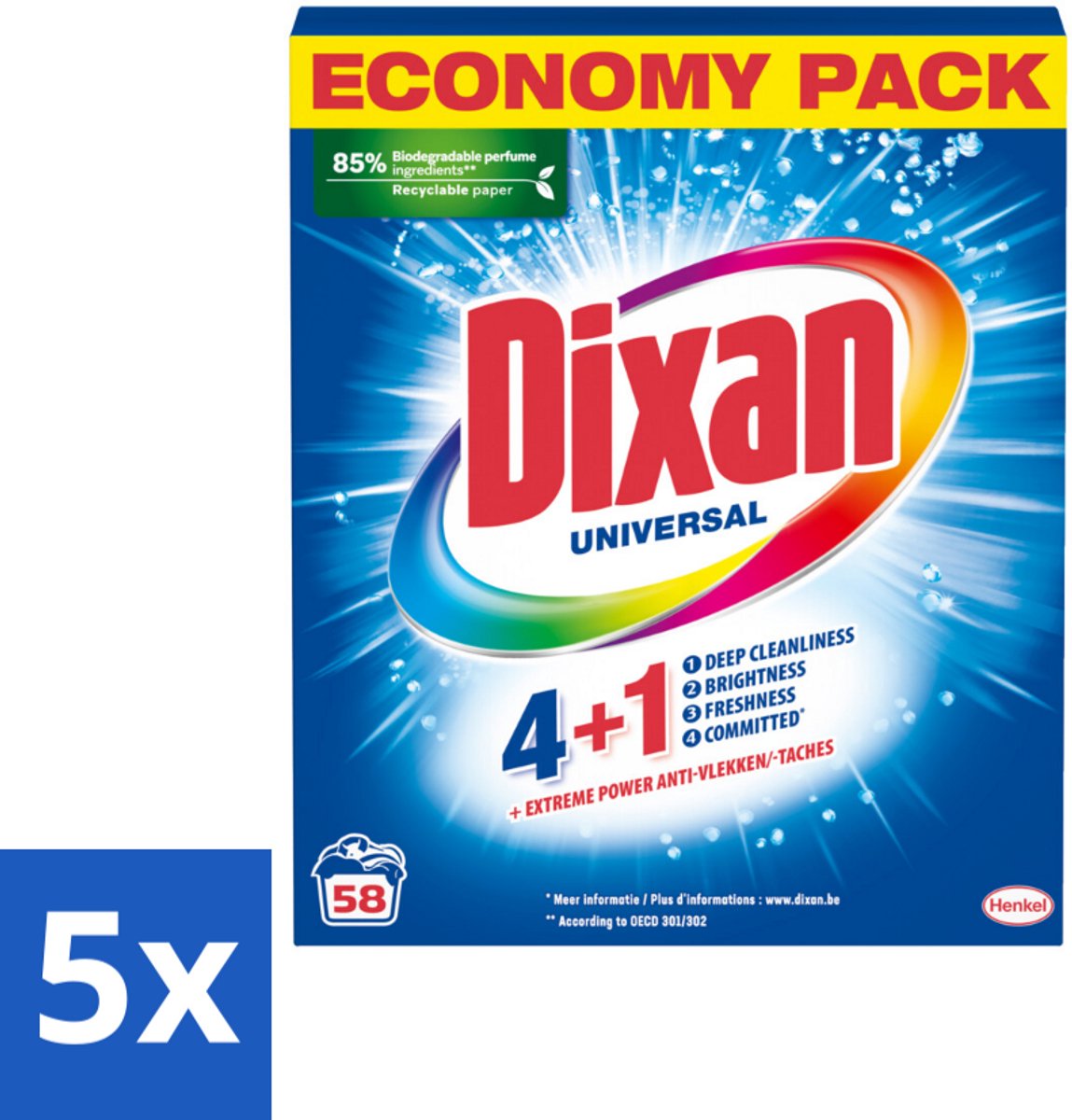 5 x Dixan - Waspoeder - Voor universele was - 58 wasbeurten - Waspoeder - Vlekverwijdering - Kleurbehoud - Wasmachine - Wasmiddel