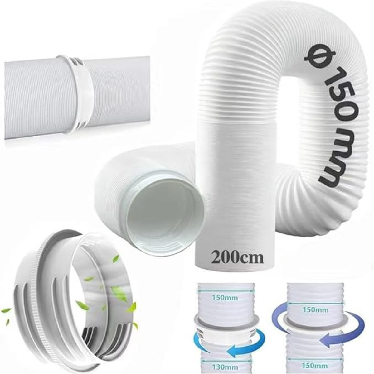 Airconditioningslang Verlenging 2 Meter – Ø 150 mm Binnen / 150 mm Buiten – Inclusief Adapter – Afvoerslang voor Mobiele Airco – Flexibele Airco Afvoerslang