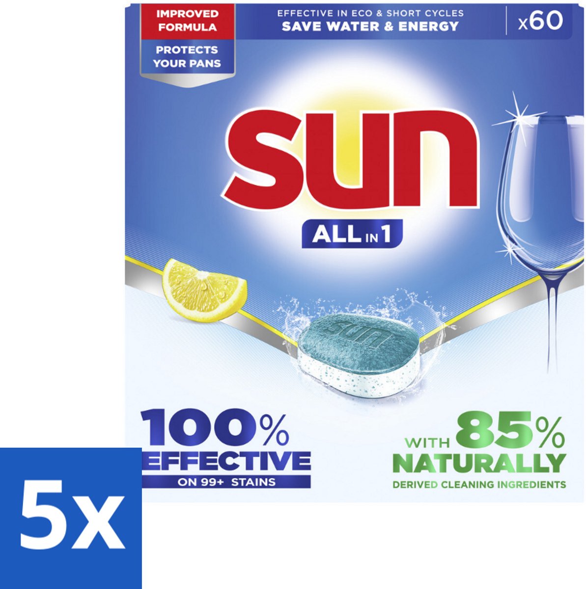 5 x Sun - Vaatwastabletten - All-in-1 Citroen - 60 tabletten - Vaatwastabletten - Vaatwasmiddel - Citroen - Reiniging - Vlekken