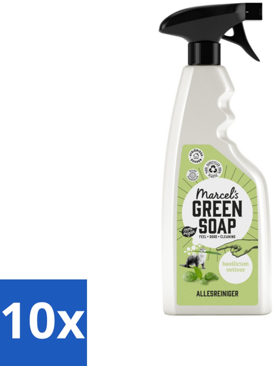 10 x Marcel's Green Soap - Allesreiniger Spray - Basilicum & Vetiver gras - Natuurlijk & effectief - 500 ml - Allesreiniger Spray - Natuurlijke Reiniger - Vegan Reiniger - Frisse Geur - Vuil Verwijderen