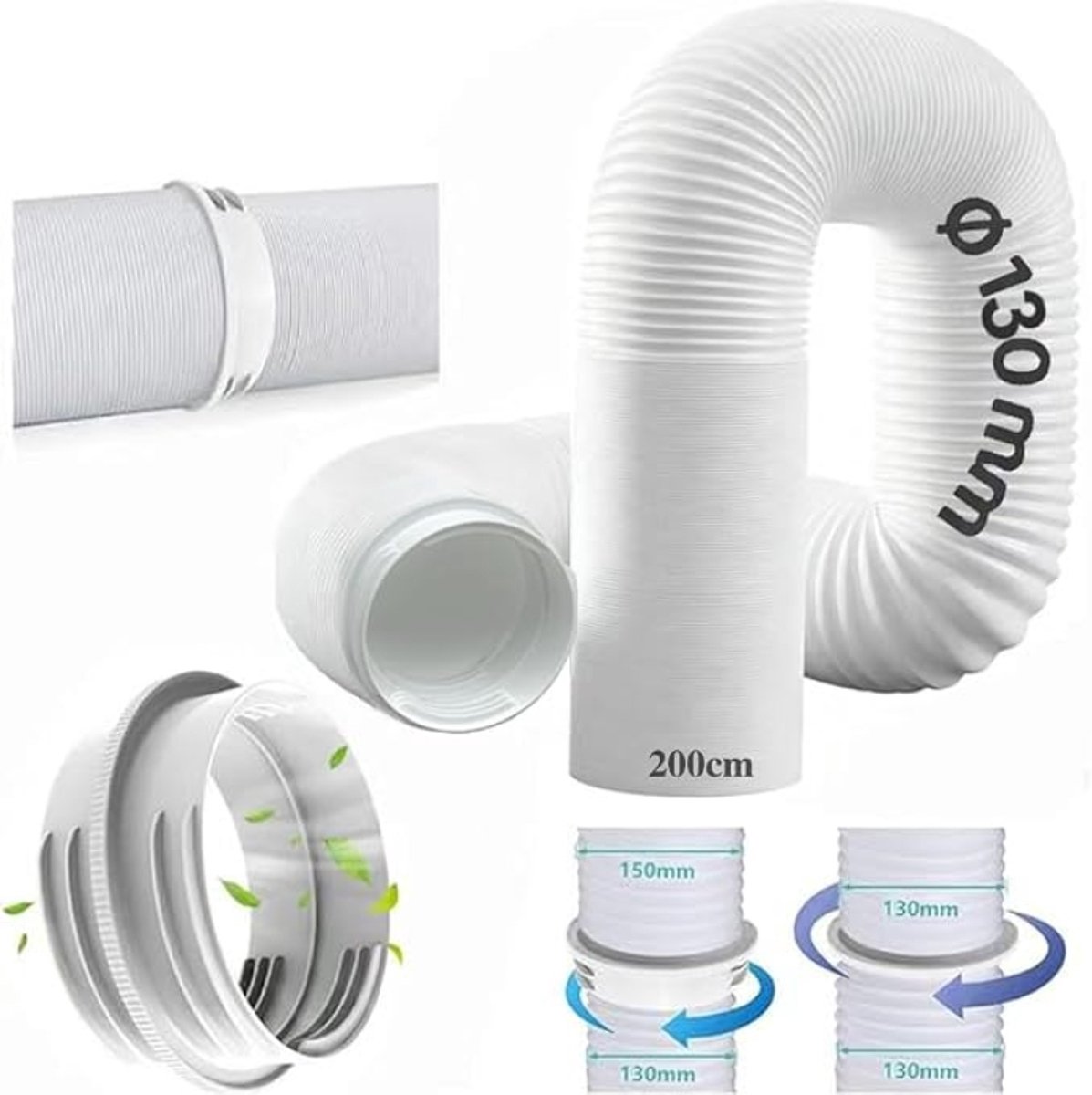 Airconditioningsslang Set – Verlengslang 2 Meter – Ø 130 mm – Inclusief Adapter 150/130 mm – Flexibel en Verstelbaar voor Mobiele Airco