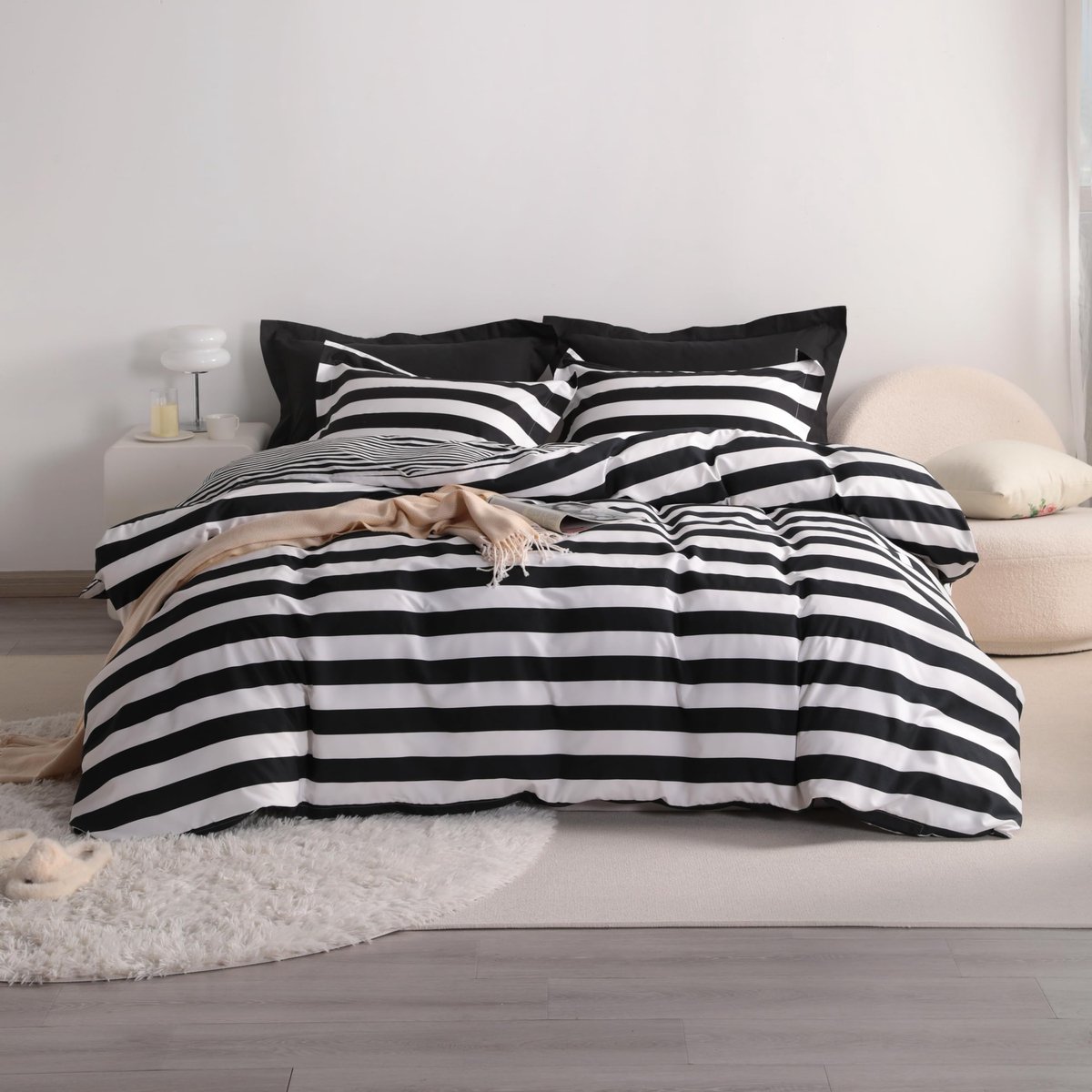 Dekbedovertrekset tweepersoons - 100% geborsteld microvezel - zwart-wit gestreept - superzacht en omkeerbaar - ShopVlot