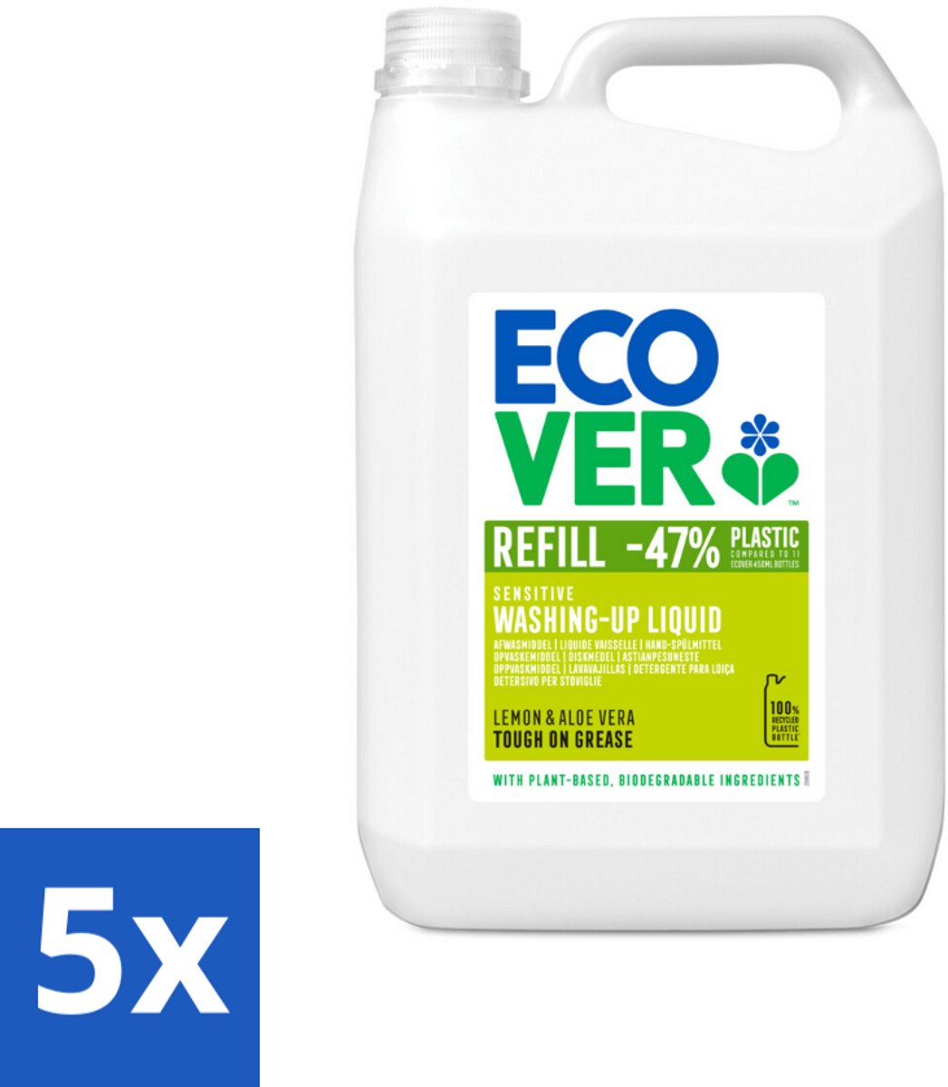 5 x Ecover - Afwasmiddel - Citroen & Aloë Vera - 5 liter - Ecover Afwasmiddel - Plantaardig Afwasmiddel - Afwasmiddel Citroen Aloë Vera - Duurzaam Afwassen - Zero Waste Afwasmiddel