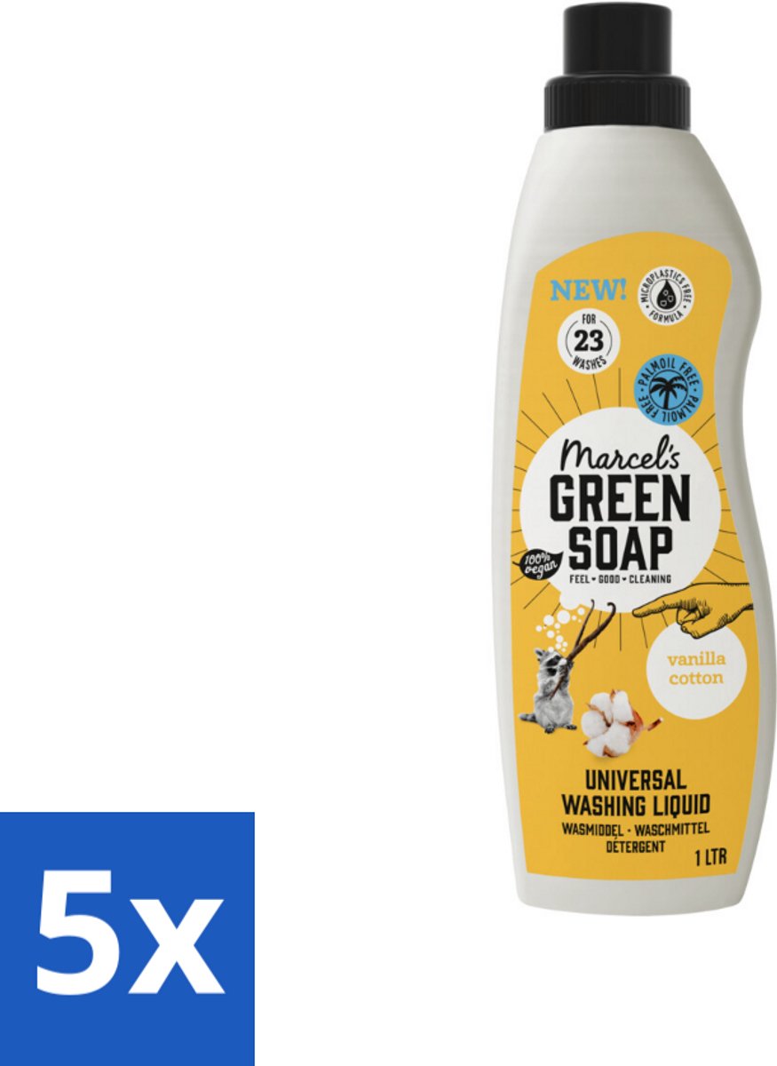 5 x Marcel's Green Soap - Vloeibaar Wasmiddel - Katoen & Vanille - Effectief & natuurlijk - 23 Wasbeurten - 1 Liter - Natuurlijk Wasmiddel - Milieuvriendelijk Wasmiddel - Katoen En Vanille Geur - Effectief Wasmiddel - Zacht Wasmiddel