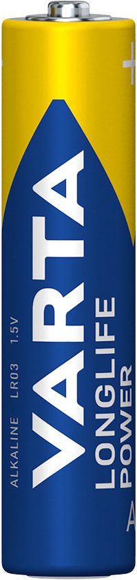 Varta Longlife Power AAA batterij, met blauwe en gele opdruk.