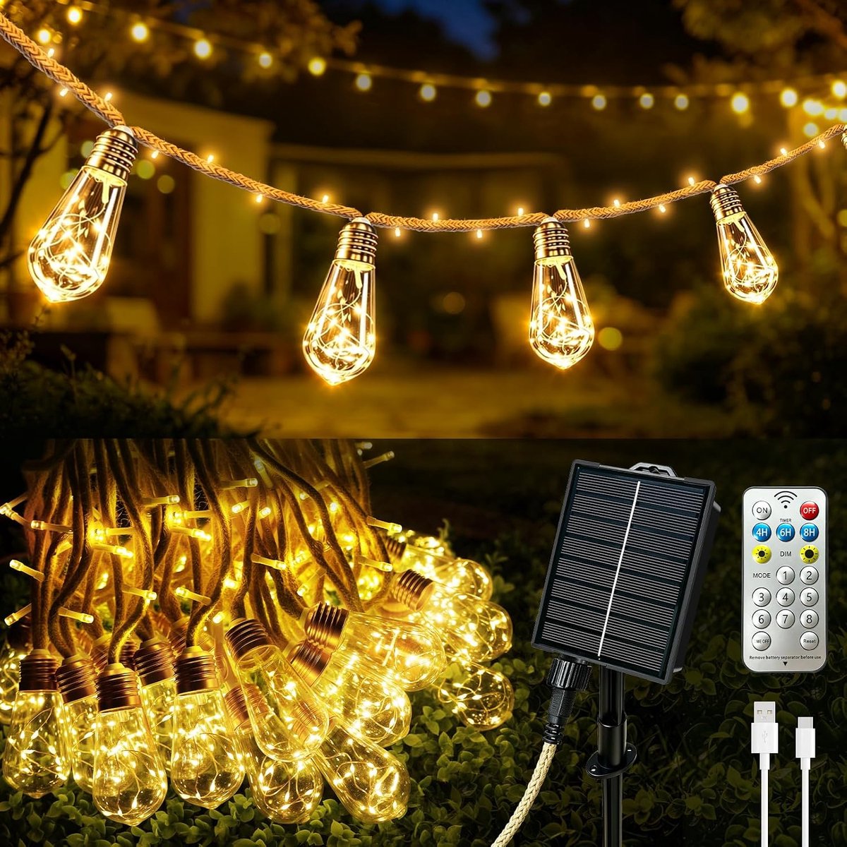 Lichtsnoer op zonne-energie 17,5 m - vintage henneptouw - 30 gloeilampen - weerbestendig voor tuin - ShopVlot