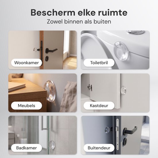 Transparante deurstopper in diverse ruimtes: woonkamer, toilet, meubels, kastdeur, badkamer, buitendeur.