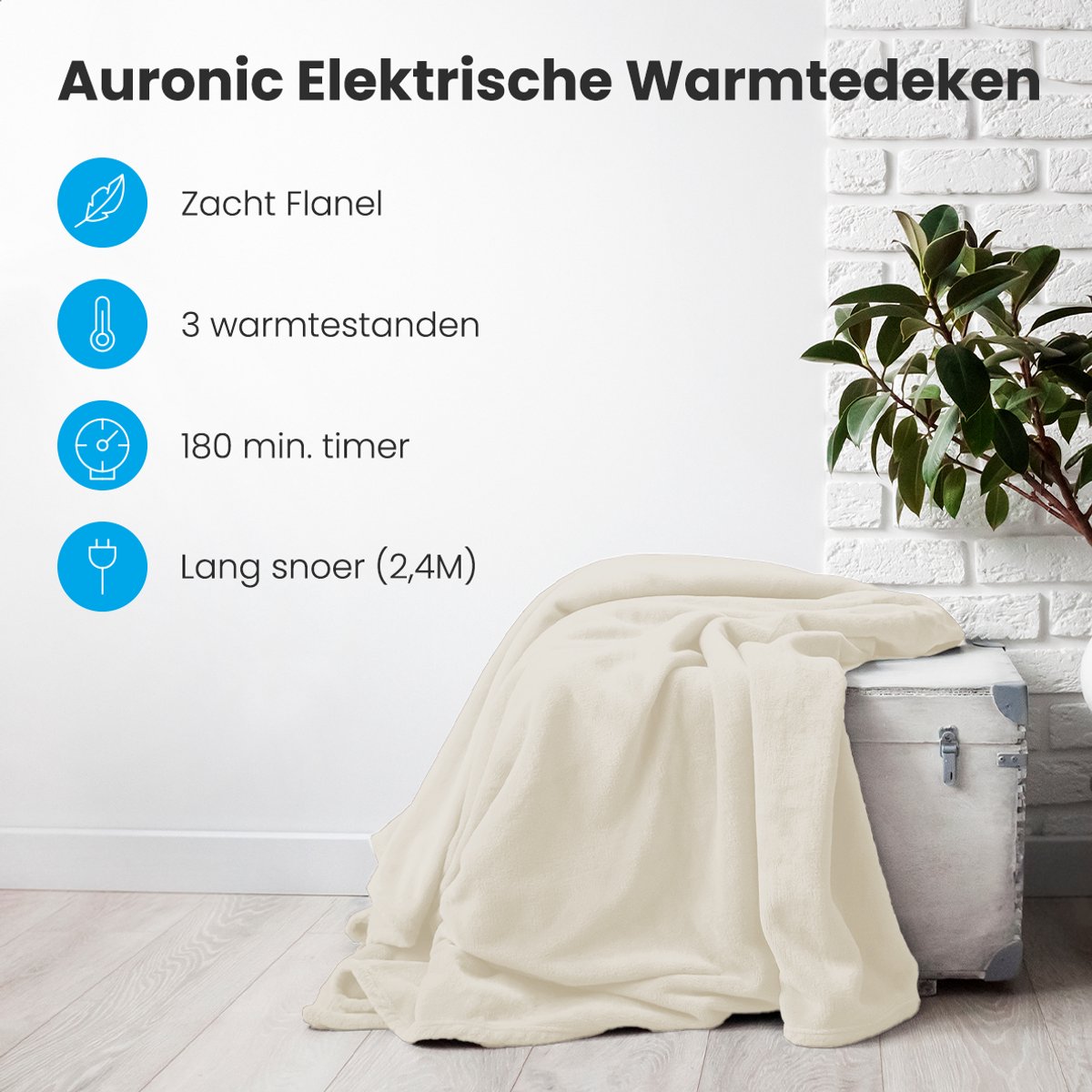 Auronic Elektrische Bovendeken - 160 x 120 cm - 1 Persoons Omslagdeken - 3 Warmtestanden met Timer & Automatische Uitschakeling - Verwarmingsdeken - Wasbaar - Beige – foto 2